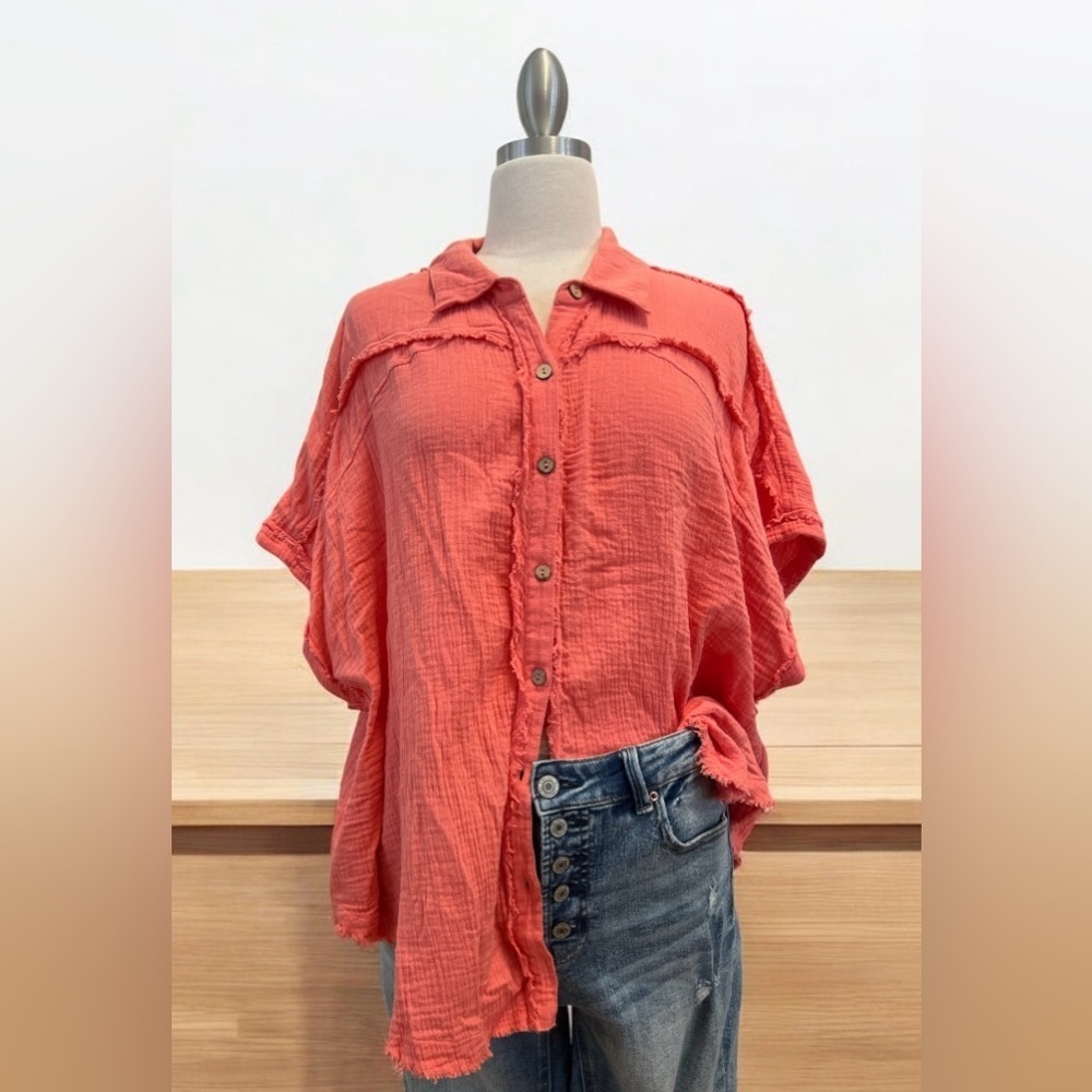 Relaxed Coral Button-Front Gauze Blouse